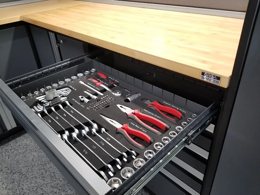 Garage cabinets tool organization foam insert drawer