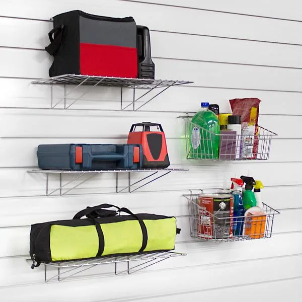 Orgaspaces garage slatwall, wall storage, Shelf and Basket Kit