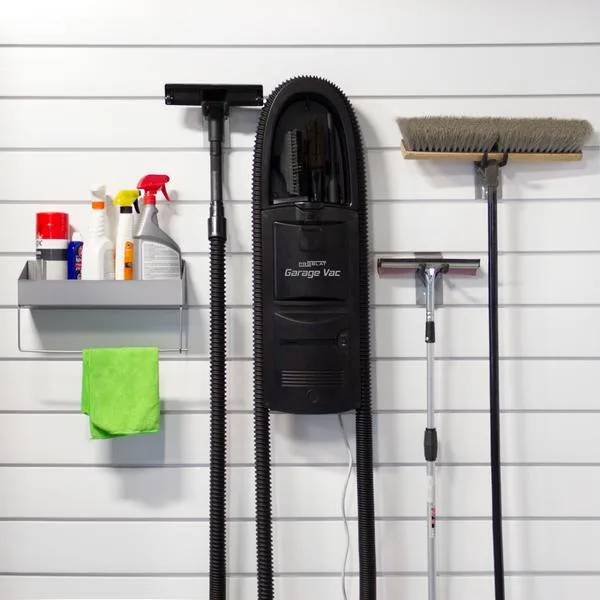 Wall Storage, garage slatwall storage, garage cleaning storage, Wall Mount Garage Vacuum