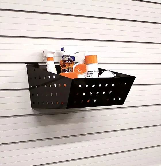 Orgaspaces garage slatwall, wall storage, black Basket, steel basket