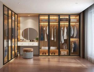 Elite system walk-in cabinets wardrobe organization seamless glass doors