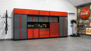 large fusion garage cabinets steel orange and gray