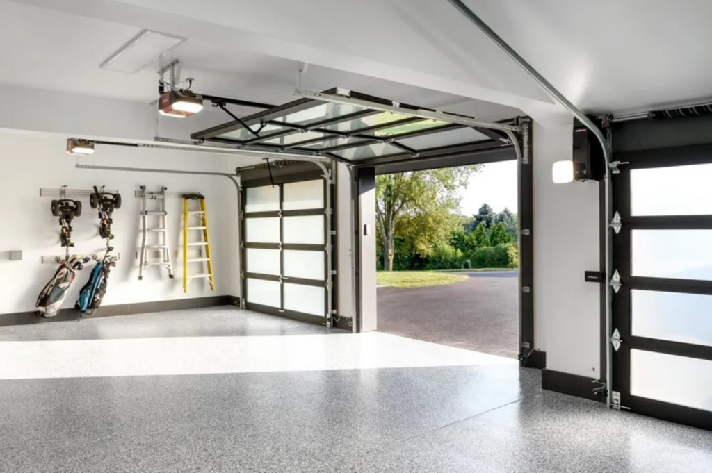 Garage epoxy floor polyaspartic photo Garage door open sunlight organization