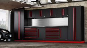 large fusion garage cabinets steel black with red accents