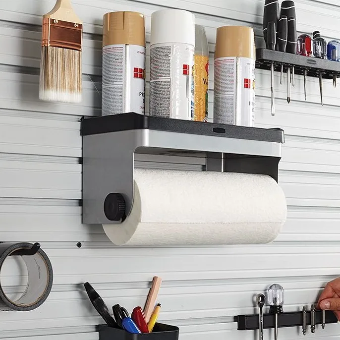 Orgaspaces garage slatwall, wall storage, Shelf and Paper Towel Holder, Magnetic Tool Holder
