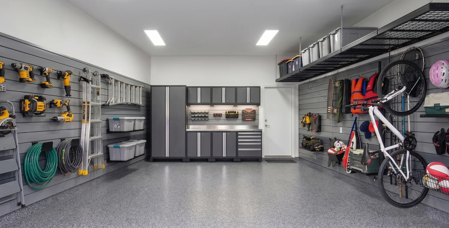 Orgaspaces garage storage with steel cabinets and slatwall, Orgaspaces garage makeover, Orgaspaces epoxy garage floring