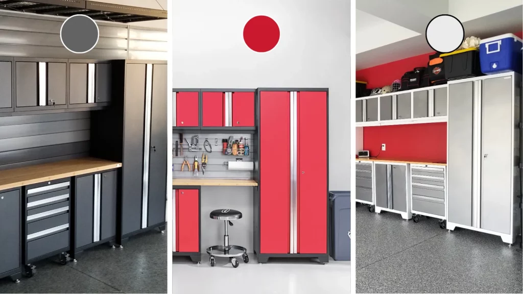 Image showing 3 garage steel cabinets sets, gray, red and white. Showcasing Orga Spaces's color options