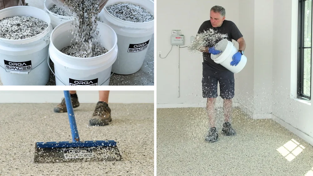 Garage floor coating flakes broadcast Orga Spaces