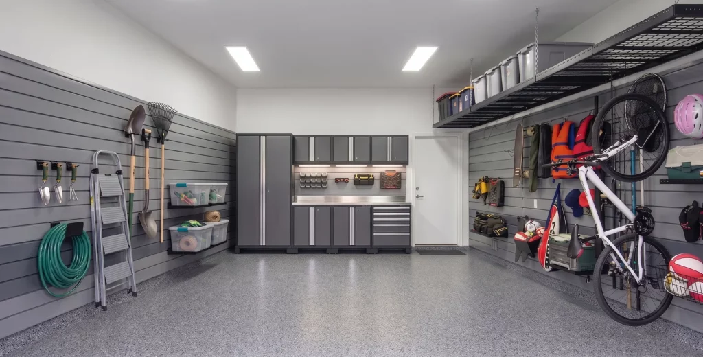 Orgaspaces garage organization storage with steel cabinets and slatwall, Orgaspaces garage makeover, Orgaspaces epoxy garage flooring